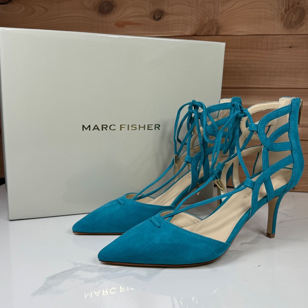 Marc Fisher Womens Blue Suede Lace Up Pointed Toe Heels Size 7.5‎ M
